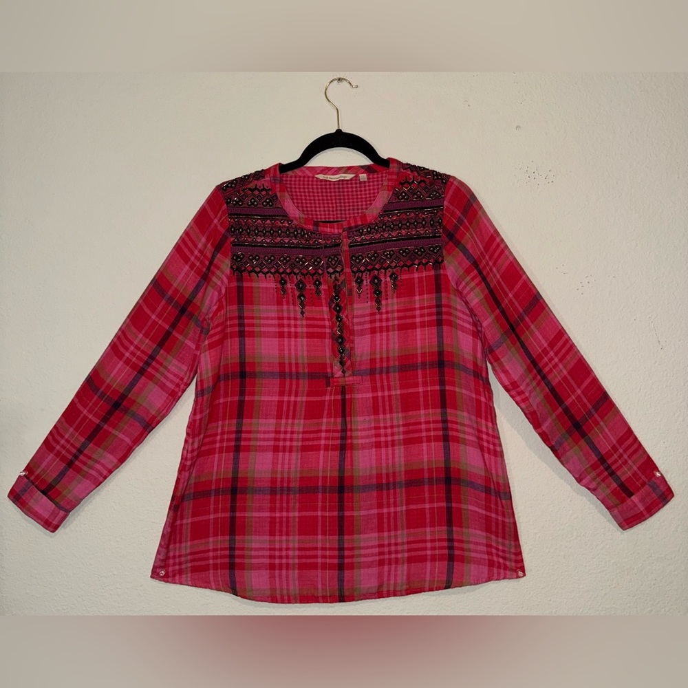 Soft Surroundings plaid beaded Blouse